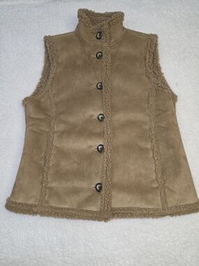 Vintage L.L. Bean Women's Tan Sherpa-Trim Faux Suede Vest Gorpcore Cowgirl Small
